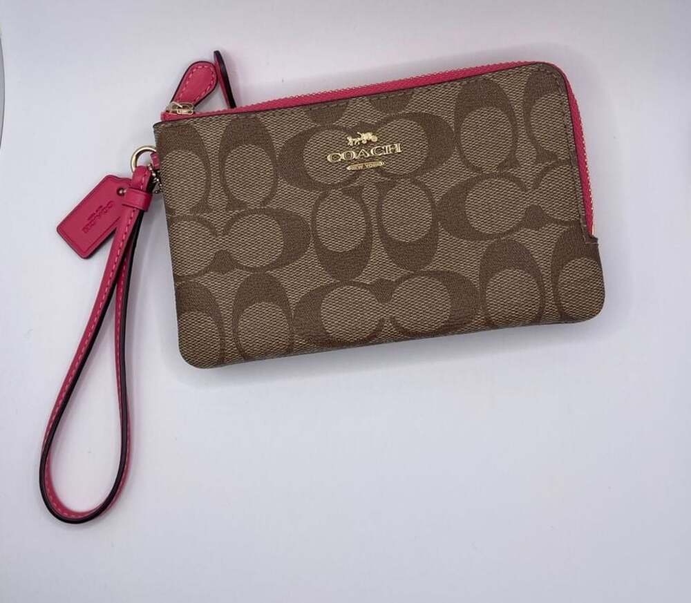 Coach Double Zip Wristlet in Signature Canvas with Pink Trim